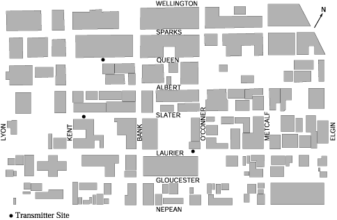 Figura 1: Mapa de Ottawa con los nombres de las calles y la ubicación de los transmisores