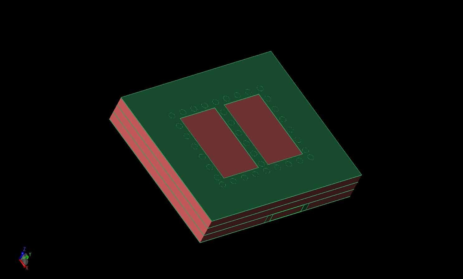 Figura 1: Representación CAD tridimensional del elemento de antena 2x2 excitado por SIC, con las capas metálicas en verde y las capas LTCC en rojo.