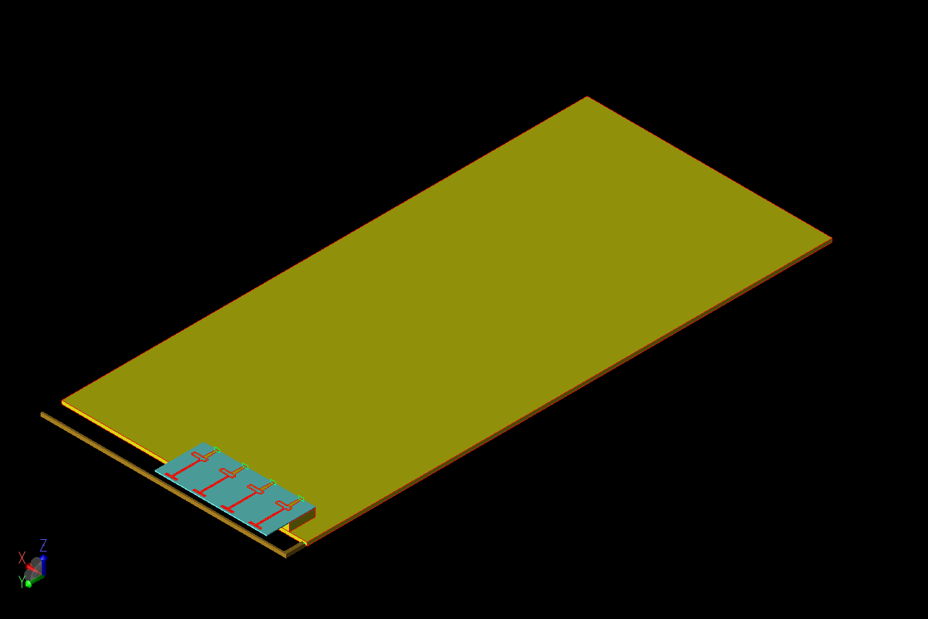 Figura 1: El diseño del smartphone se muestra en una representación CAD tridimensional con la antena 4G y las estructuras del conjunto 5G visibles a la izquierda en un extremo del gran plano de tierra.