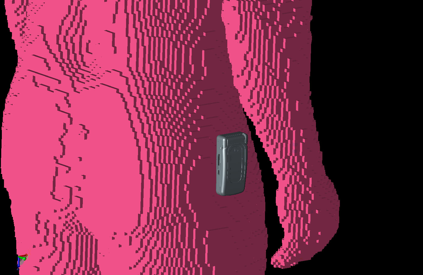 Figura 1: Se muestra en gris el teléfono móvil que se lleva en la cadera junto a la malla VariPose del cuerpo humano masculino.