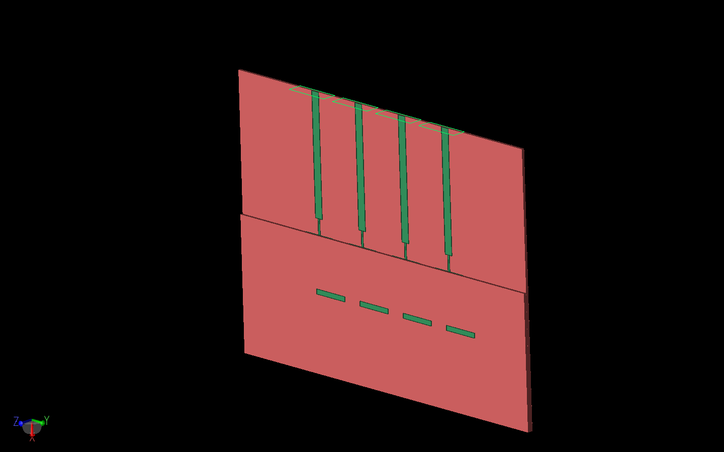 Figura 2: El conjunto de antenas se muestra en tres dimensiones con el borde de la capa superior del sustrato más visible sobre los parches. Los cuatro puertos de alimentación de la guía de onda nodal son visibles en la parte superior del conjunto.