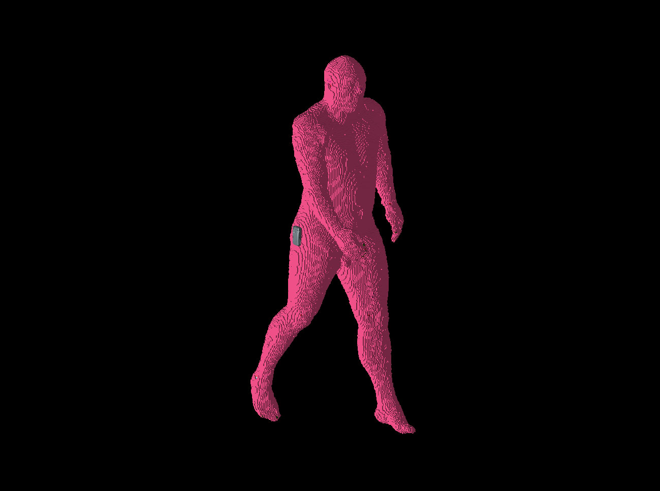 Figura 2: La posición 1 del hombre que camina se muestra con el pie izquierdo adelantado y el brazo derecho por delante de la ubicación del teléfono.