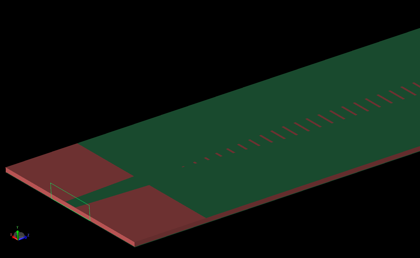 Figura 3: Una vista en ángulo de la antena desde un puerto muestra el puerto de guía de ondas nodal unido a la línea cónica, el grosor de la capa de sustrato y una porción de la capa superior ranurada.