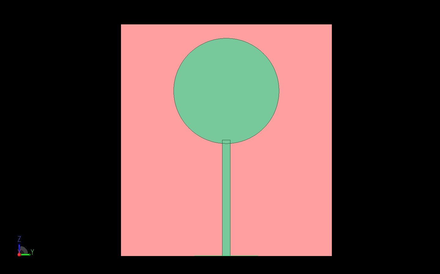 Figura 3: La antena de disco monopolo UWB se muestra como un modelo CAD en XFdtd.