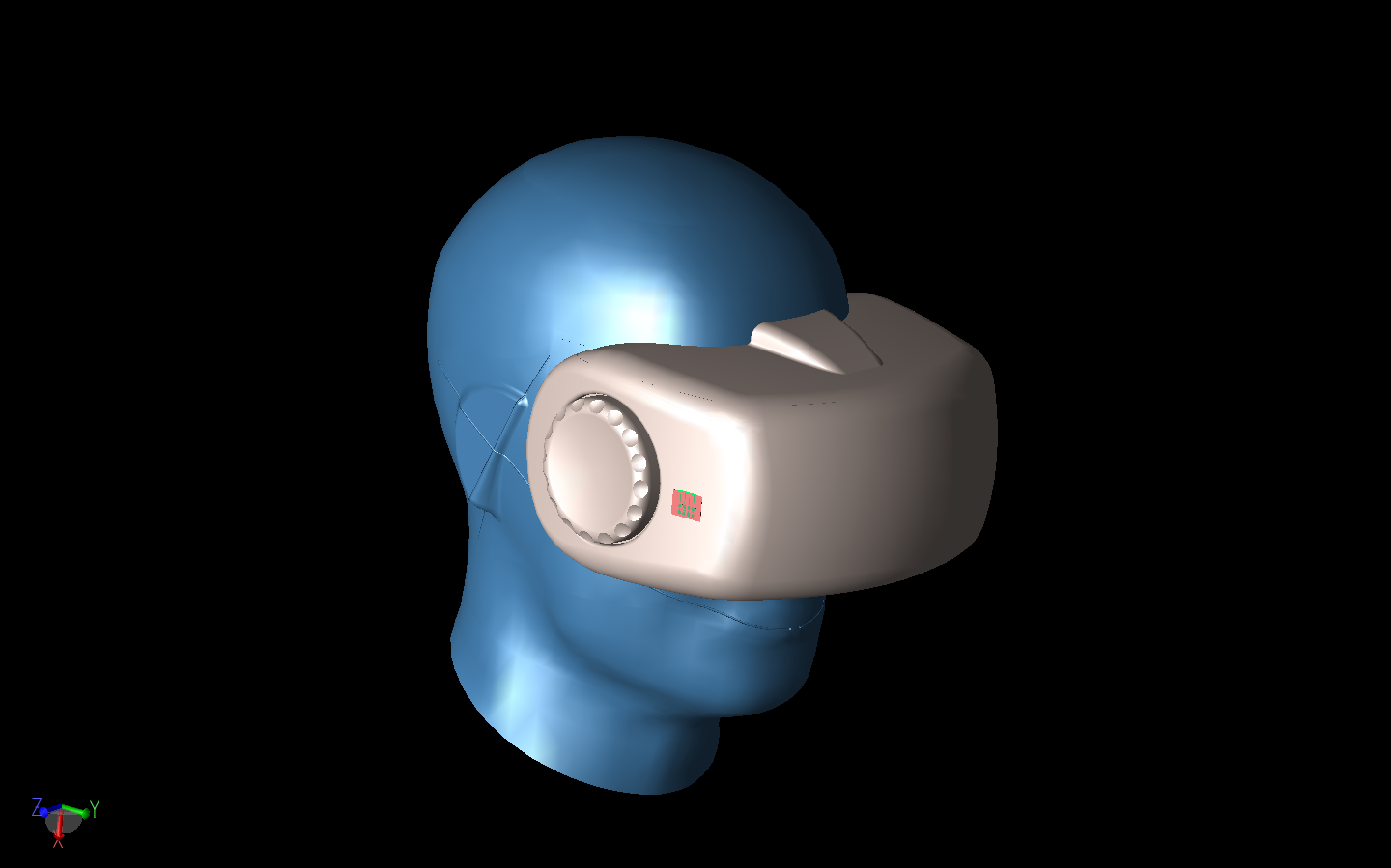 Figura 8: El conjunto de antenas se muestra montado en un casco de realidad virtual. El casco está fijado a un modelo de cabeza fantasma.