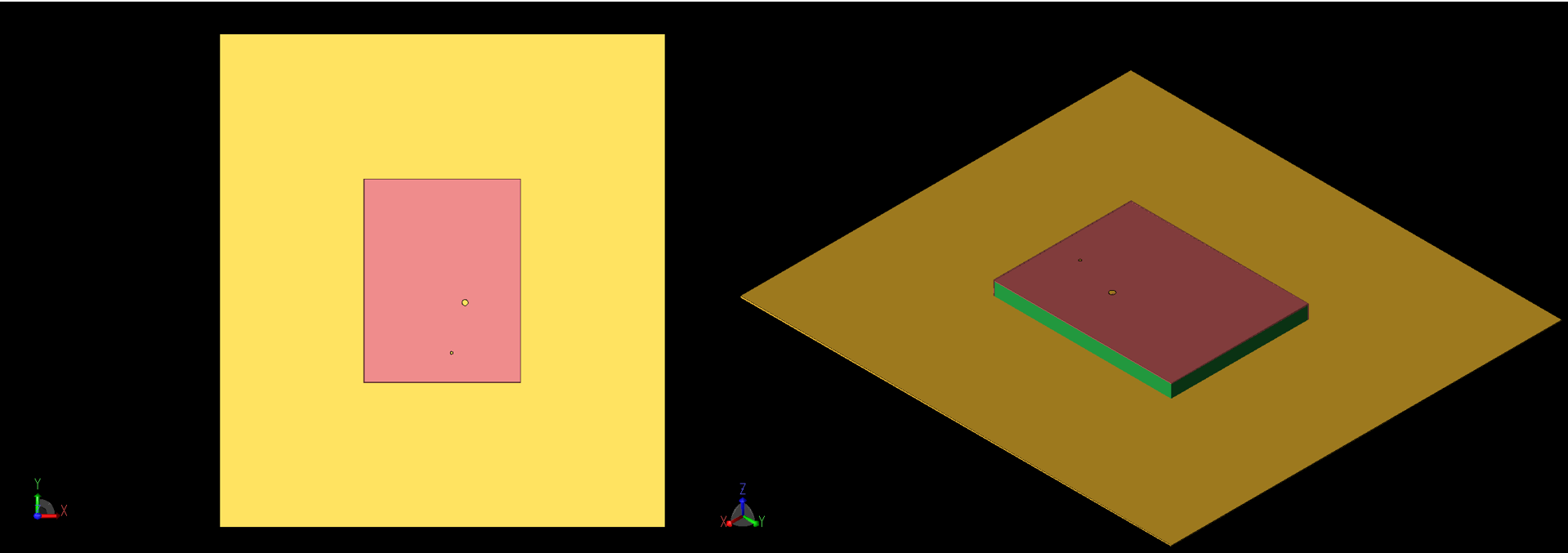 Figura 1: Vistas superior (izquierda, 1a) y en ángulo (derecha, 1b) de la geometría de la antena de parche. La alimentación coaxial y la vía son visibles como círculos grandes y pequeños en la parte superior del parche. Los lados -X y -Y del parche están en cortocircuito con el plano de tierra.