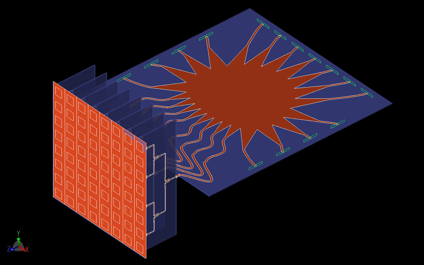 Figura 14: Aquí se muestra el sistema completo de la entrada de la lente Rotman, la etapa divisora de potencia Wilkinson y el conjunto de antenas de parche 8x8 como un modelo CAD tridimensional.