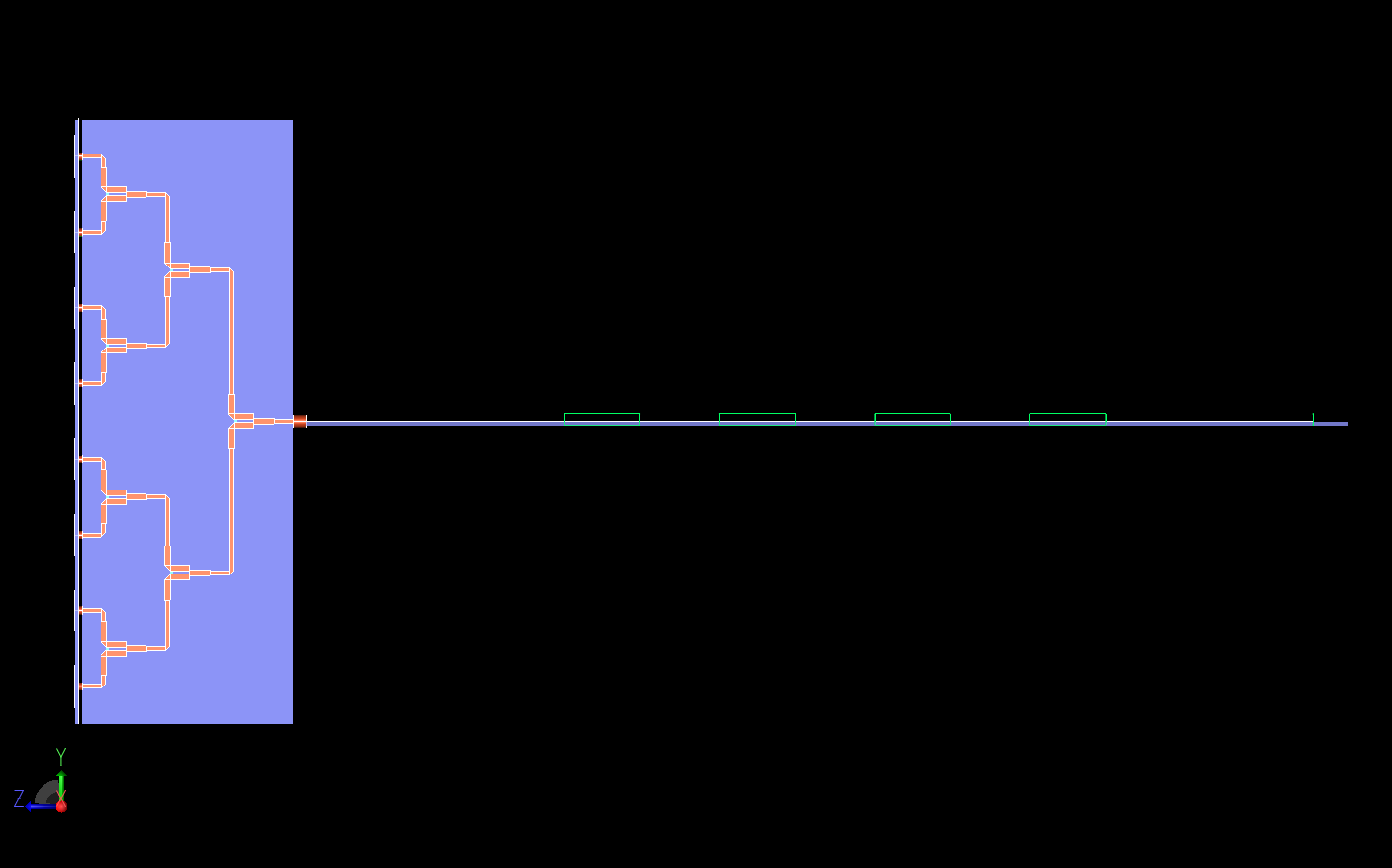 Figura 15: Esta es una vista lateral de todo el sistema donde el divisor de potencia Wilkinson de tres etapas es más claramente visible.