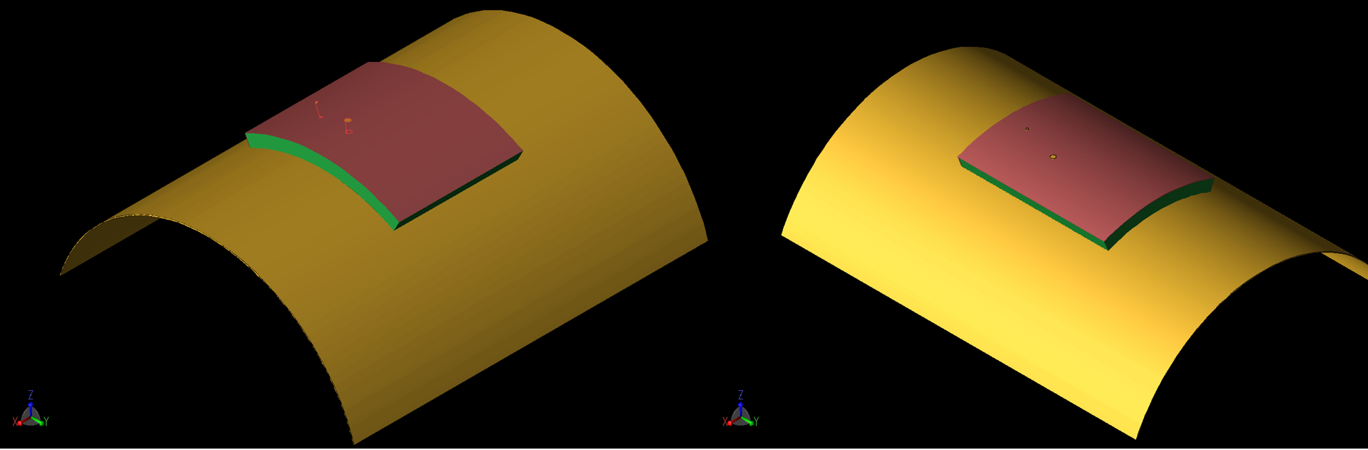 Figura 7: El parche se muestra en una configuración curva en la que el radio de curvatura es de 40 mm. A la izquierda (7a) la curvatura es alrededor del eje X mientras que a la derecha (7b) es alrededor del eje Y. Se simularon geometrías similares para una curvatura de 80 mm r...