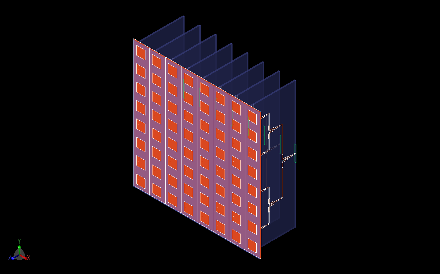 Figura 8: En la figura se muestra la representación CAD tridimensional del conjunto de antenas de parche 8x8 y los ocho divisores de potencia Wilkinson que se unen a las antenas. Aquí la lente Rotman se ha sustituido por ocho puertos de guía de ondas de entrada en la...