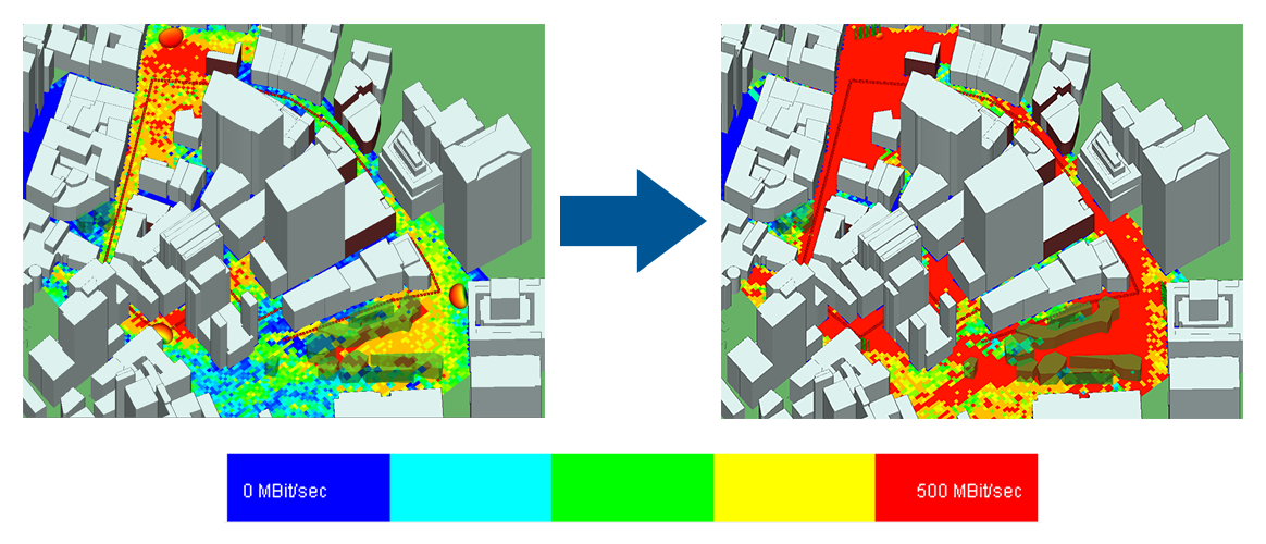Comparación del rendimiento en el centro de la ciudad con antenas individuales (izquierda) y formación de haces MIMO (derecha).