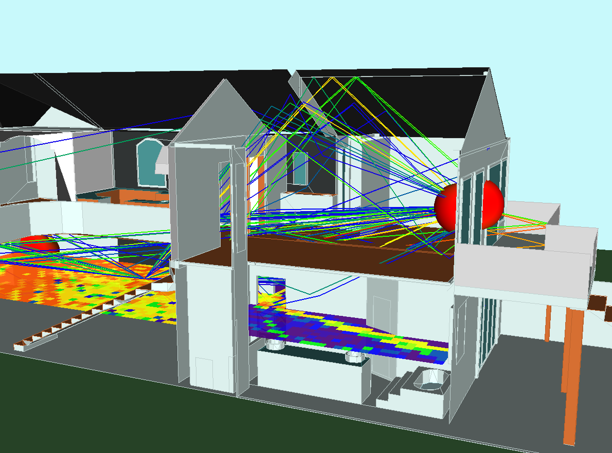 Wireless InSite simulación de WLAN en una casa mostrando rutas de propagación y rendimiento.