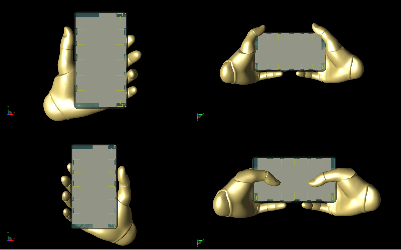 Figura 15: Se muestran las cuatro posiciones del modelo Poseable Hand utilizado en el estudio, que se posicionaron utilizando controles dentro de XFdtd. En el sentido de las agujas del reloj, desde arriba a la izquierda: mano izquierda, dos manos a los lados, dos manos escribiendo y mano derecha.