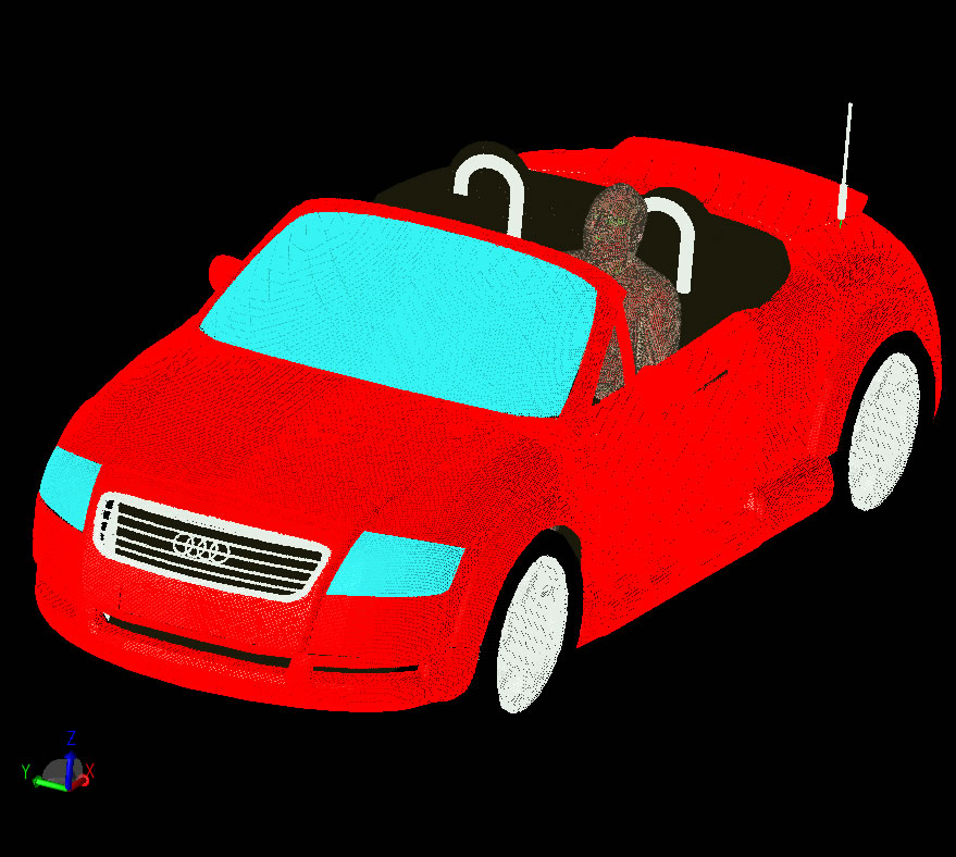 Figura 2: La malla XF del humano reposicionado en el coche con el mallado XACT aplicado.
