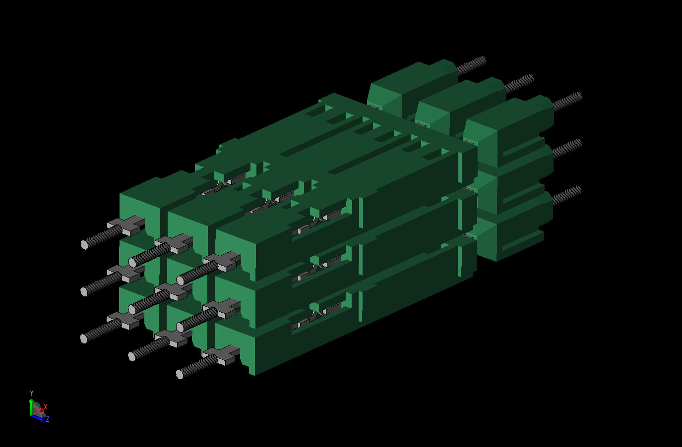 Figura 2Vista CAD del conector sin la pantalla externa, mostrando las patillas internas y el aislamiento.
