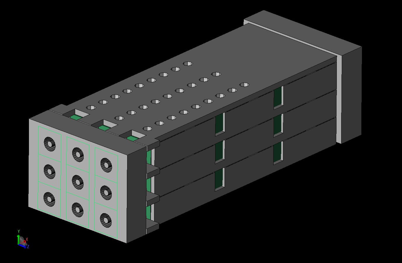 Figura 1Vista CAD del conector completo con todas las piezas visibles.