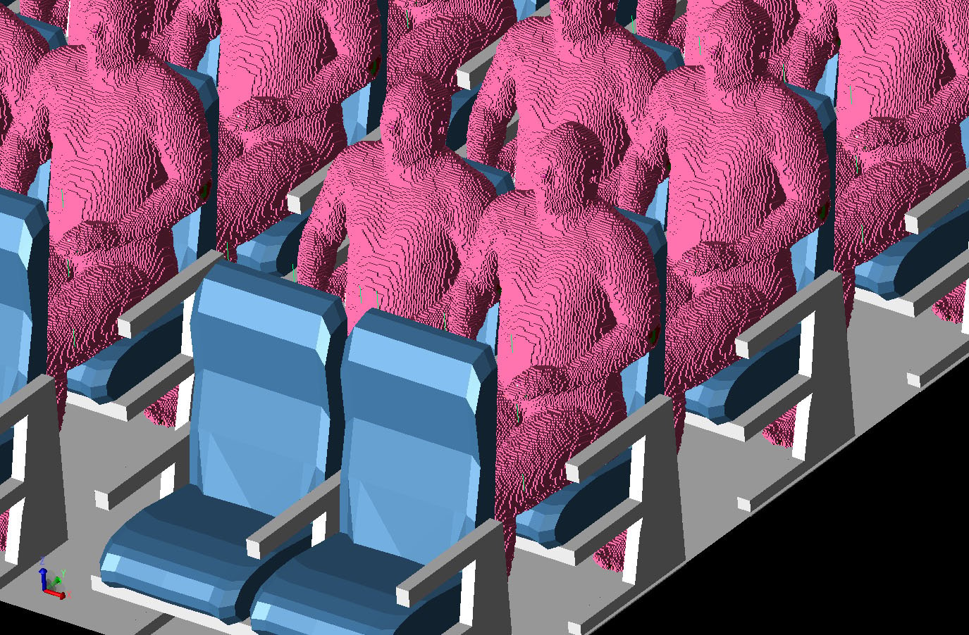 Figura 4Vista tridimensional de la cabina del avión con algunos de los hombres VariPose colocados en los asientos. Todos los asientos del avión, excepto la primera y la última fila, tienen a los hombres sentados en ellos.