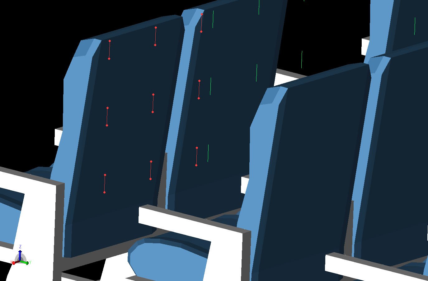 Figura 3La rejilla 3x3 de ubicaciones de sensores definidos como dipolos se muestra detrás de una de las ubicaciones del respaldo de los asientos. Las rejillas de sensores están situadas detrás de los asientos en cada dos filas de la cabina para las tres primeras columnas de asientos.