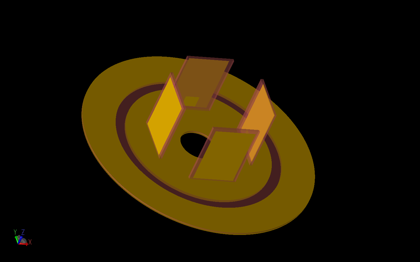 Figura 3: Se muestra el conjunto monopolar eléctrico inferior con los cuatro elementos dispuestos en el plano de tierra circular. Hay un pequeño parche de alimentación en el lado interior de cada elemento.