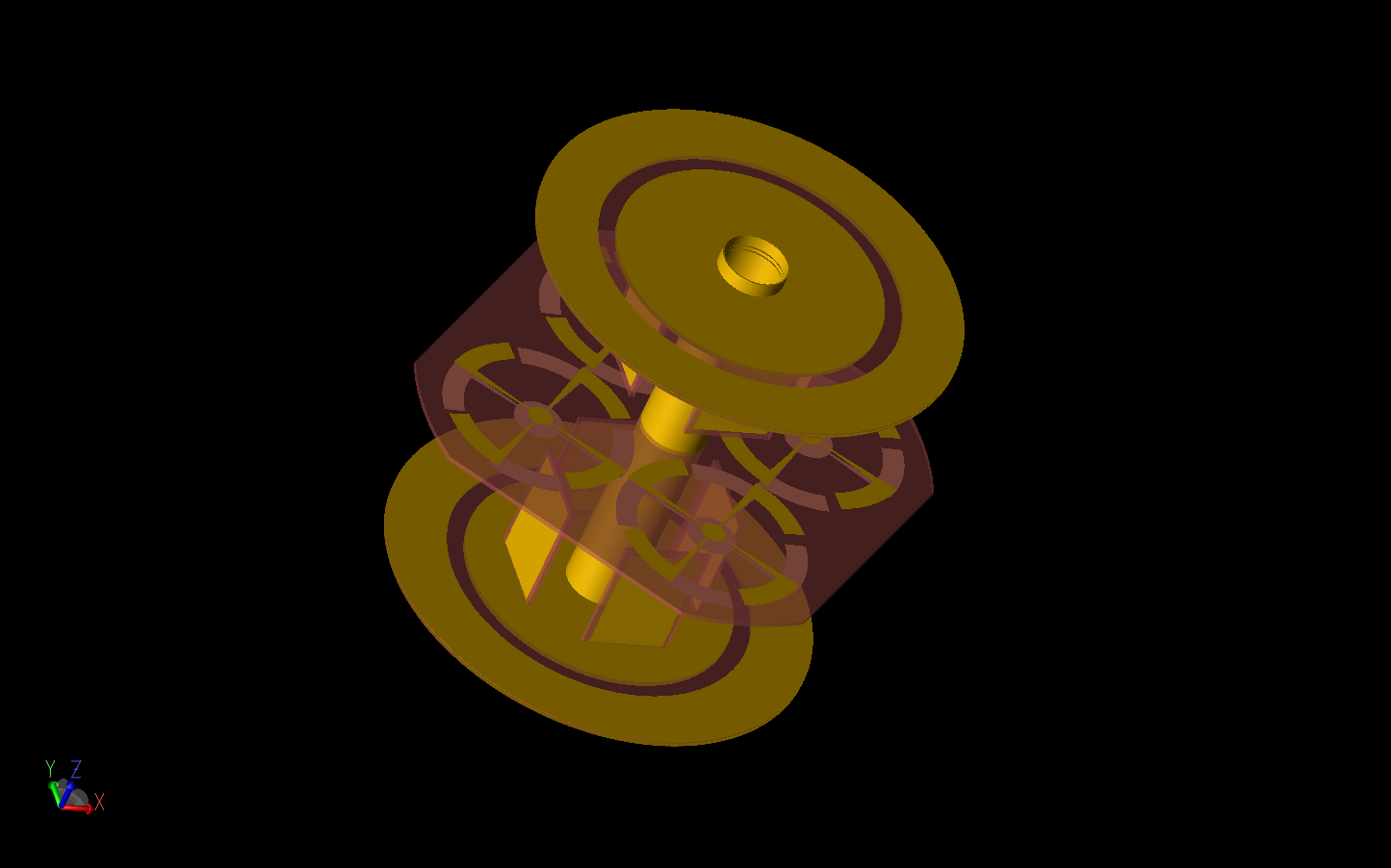 Figura 1: Se muestra una representación CAD tridimensional del conjunto de antenas con conjuntos de monopolos eléctricos sobre planos de tierra circulares en la parte superior e inferior del dispositivo y un conjunto de dipolos magnéticos planos de cuatro elementos en el centro. La placa de oro...