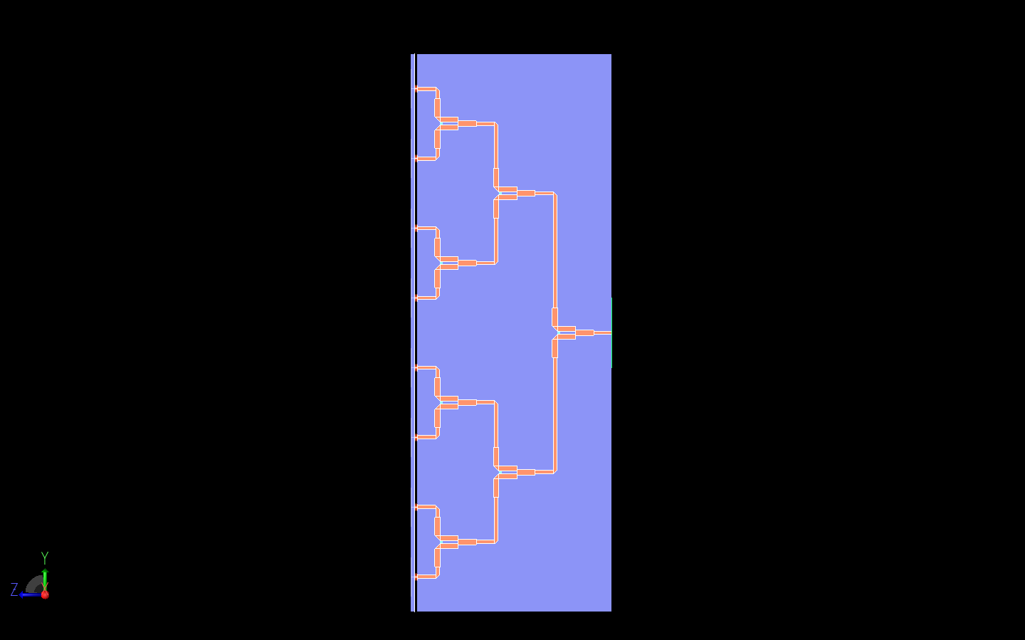 Figura 9: Vista lateral del divisor de potencia Wilkinson que muestra claramente las tres etapas de división de la señal.