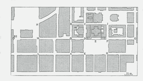 Figura 1 . La zona de cobertura estudiada en [1], así como este ejemplo. Se encuentra cerca de una región de Helsinki conocida como "Plaza del Senado" en la posición E.