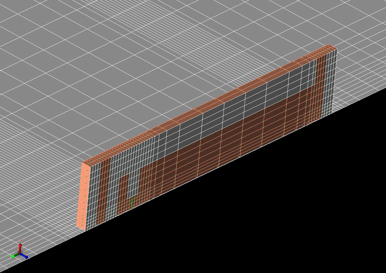 Figura 2: Vista en malla de las celdas FDTD de la antena tras ejecutar el script de mallado automático.