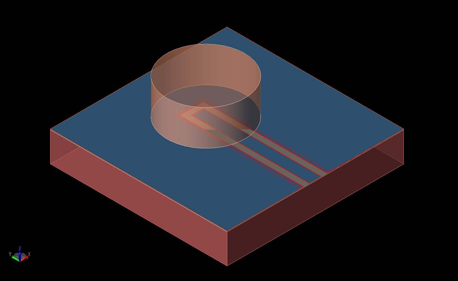 Figura 1: Vista tridimensional de la antena de resonador dieléctrico en chip en forma de dibujo CAD.  El resonador cilíndrico se muestra sobre la guía de ondas coplanar.  La capa base de silicio está en la parte inferior.
