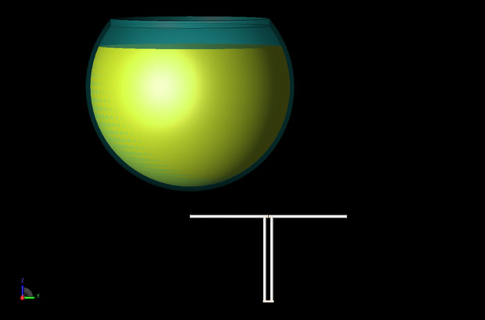 Figura 2 - Representación CAD de la geometría con el dipolo desplazado hacia la derecha y la distancia de separación fijada en 25 mm.