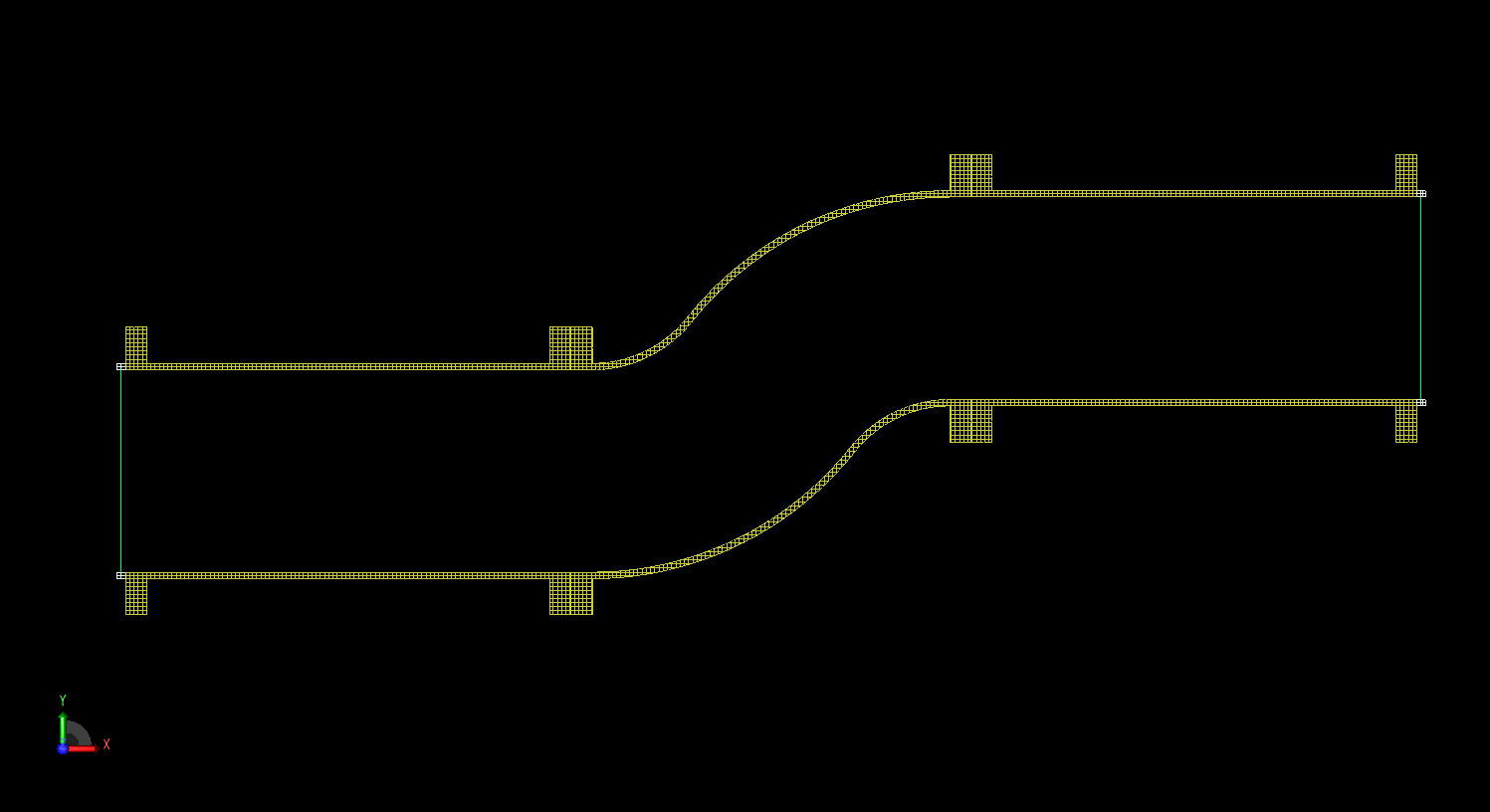 Figura 2Vista transversal de la malla XFdtd de la geometría de doble curva.