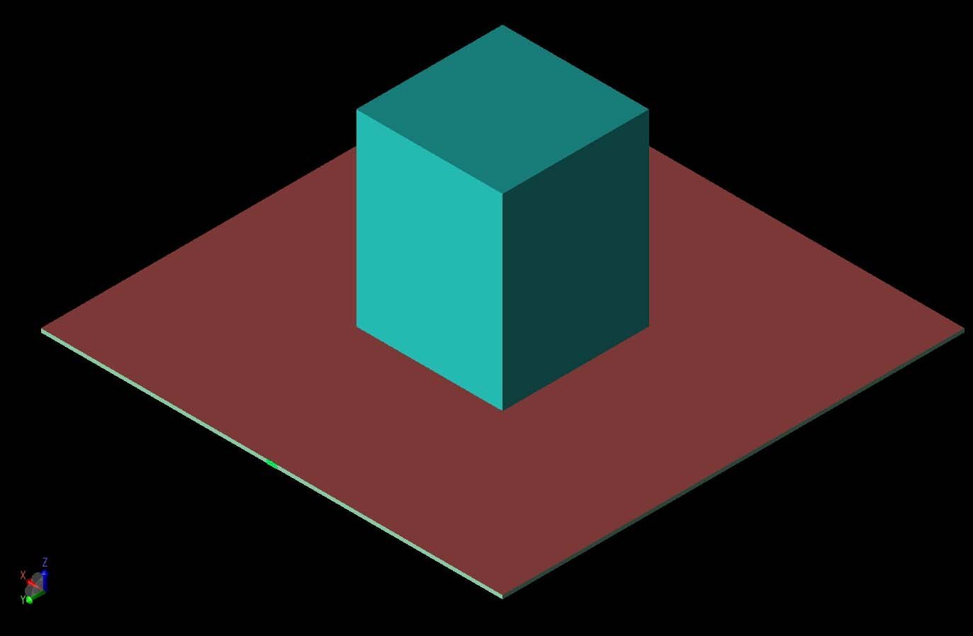 Figura 1: Se muestra una vista CAD tridimensional de la geometría de la antena con el bloque resonador dieléctrico visible en el centro del plano de tierra.