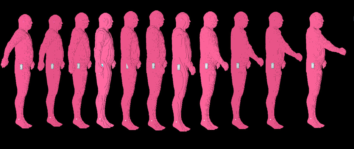 Figura 10: Se muestran las once posiciones del brazo móvil utilizadas en las simulaciones.