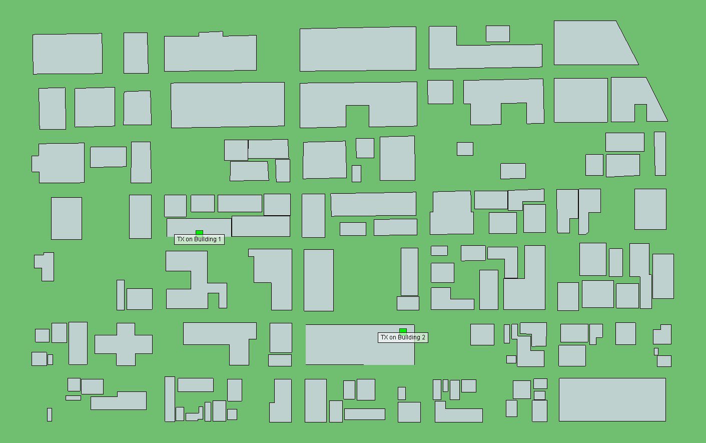 Figura 1Localización de los transmisores en un entorno urbano representado por recuadros verdes.