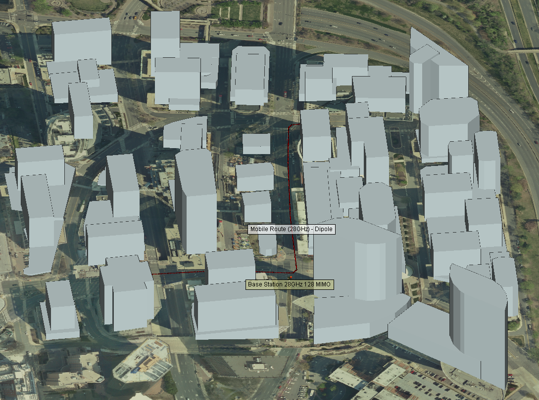 Figura 2: El conjunto MIMO masivo de 128 elementos está situado en un punto Tx a varios metros del suelo con un conjunto Rx móvil en el centro de la ciudad.