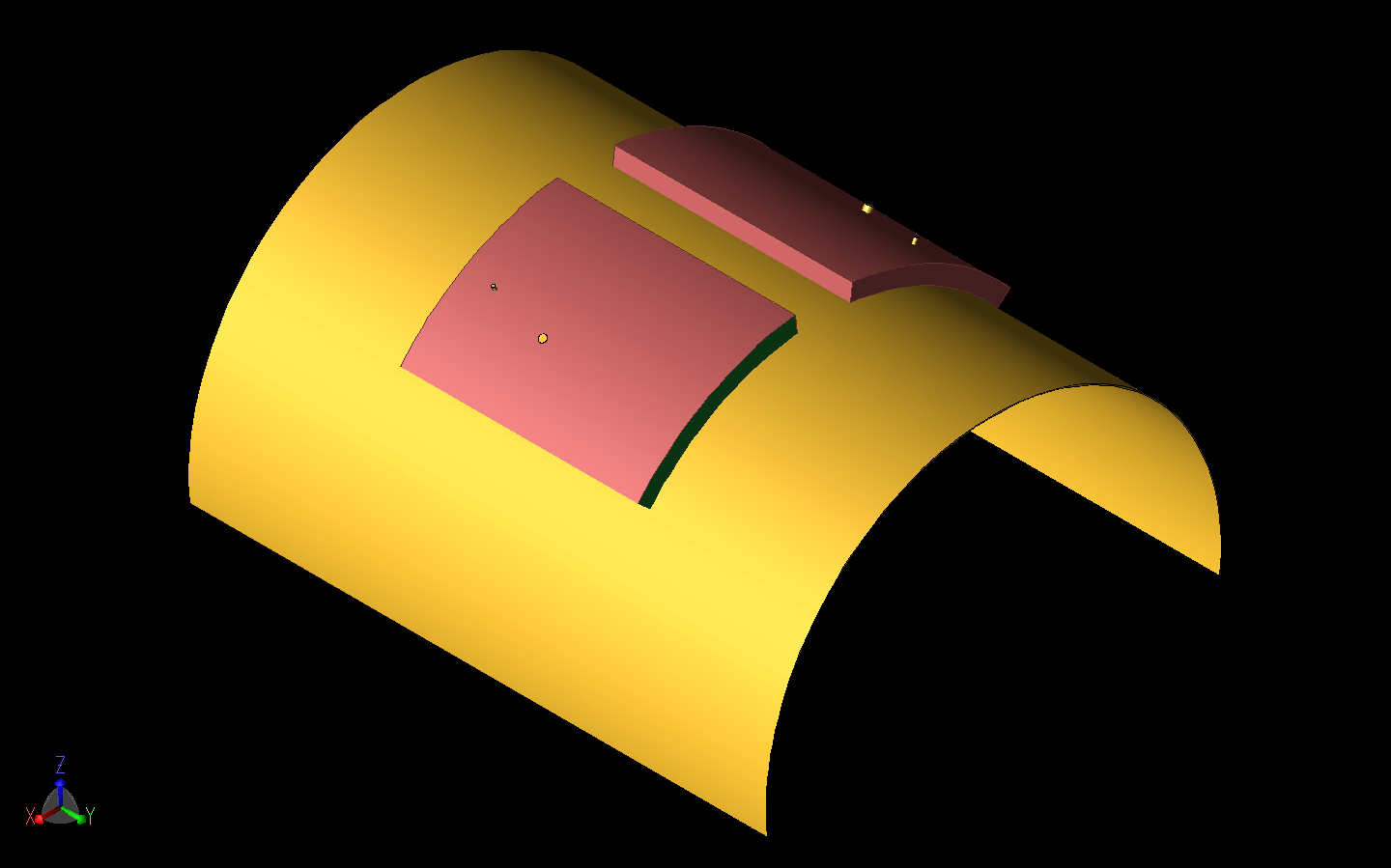 Figura 16: El conjunto MIMO de la figura 11b se muestra curvado alrededor de un cilindro de radio 40 mm en torno al eje Y.