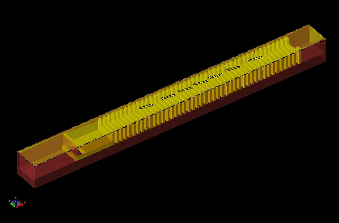 Figura 1Vista CAD de la geometría construida en XFdtd mostrando la guía de ondas CRLH y las ranuras radiantes.