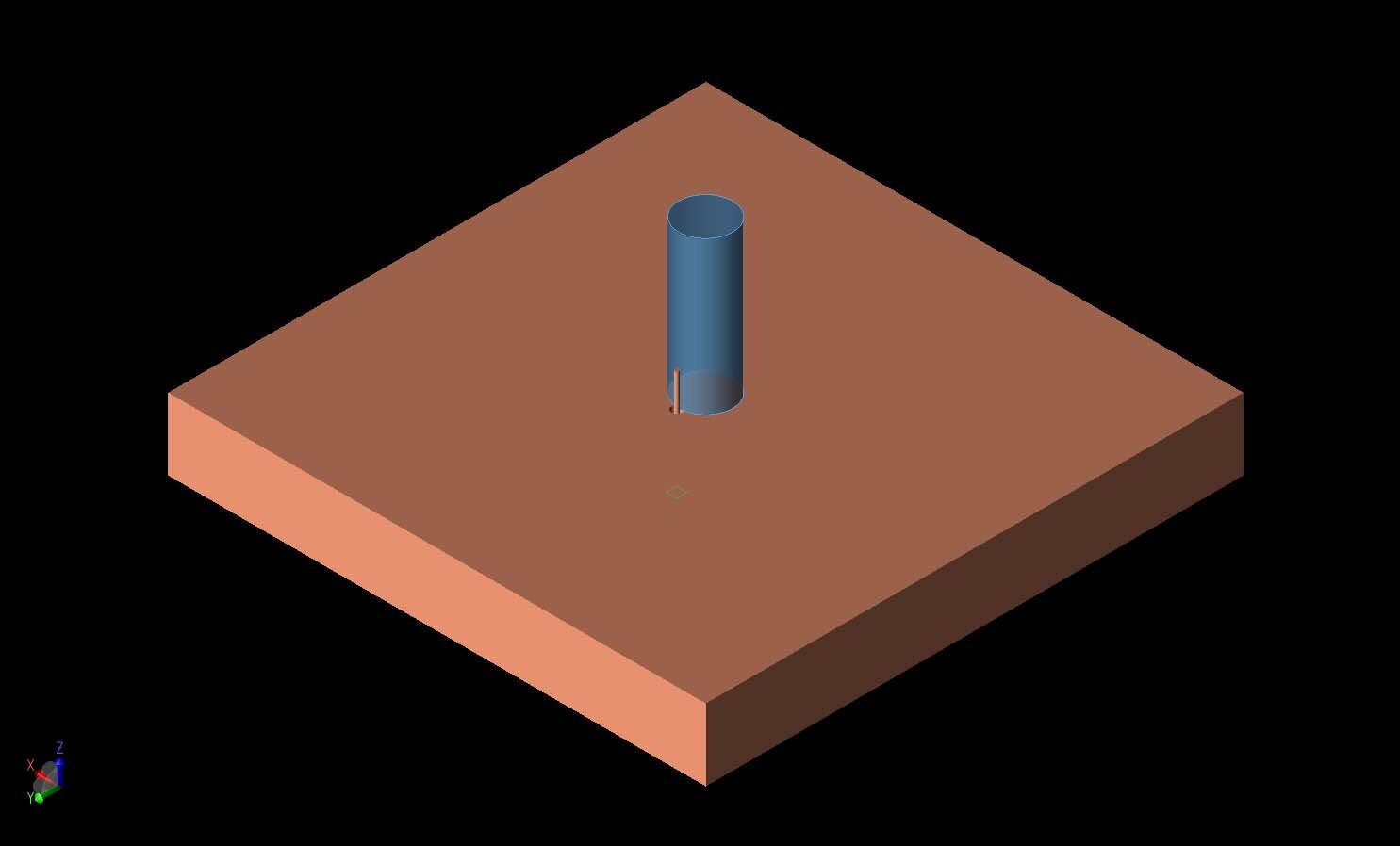 Figura 1: Se muestra una representación CAD tridimensional de la geometría con un plano de tierra conductor bajo un resonador dieléctrico cilíndrico con permitividad de 7. El resonador se excita mediante una sonda coaxial en un lado del cili...